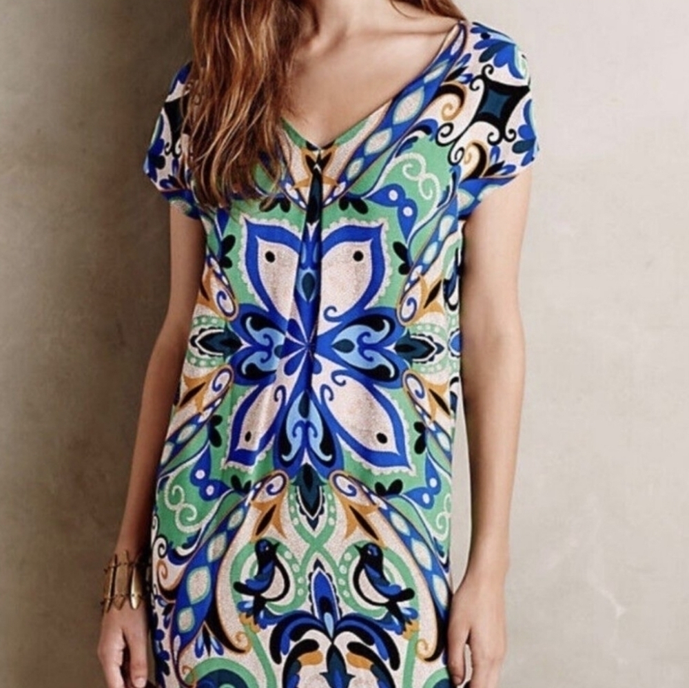 Anthropologie Maeve Abstract Bird Print Folksong Shift Dress Xs